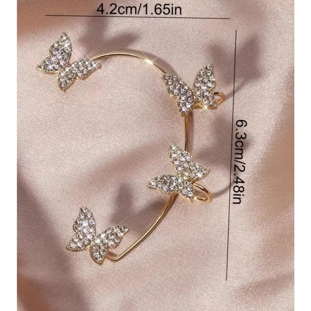 Pair Butterfly Cuff Earring Rhinestone Gold/Silver Metal Fairy Core Nature Elf - Picture 2 of 4